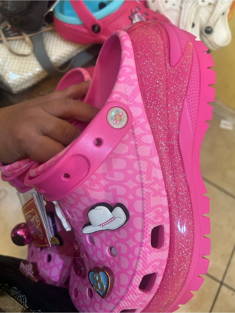 CROCS Girls' Bright Pink Barbie Charm Platform Clogs